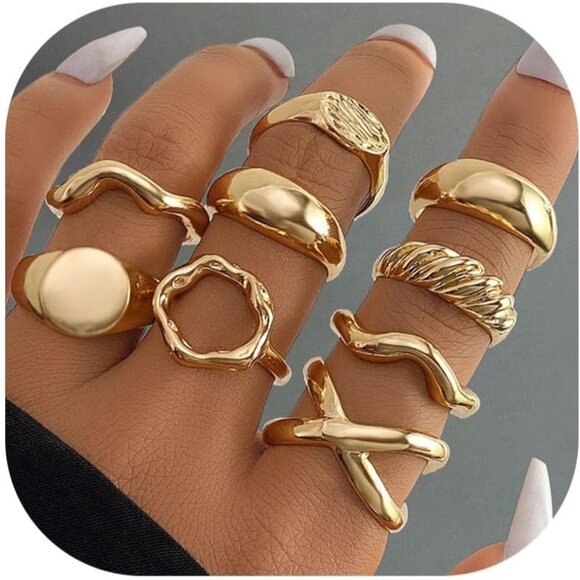 Women Gold Ring Set Chunky Adjustable Knuckle Finger Stackable Statement Jewelry - Picture 1 of 7